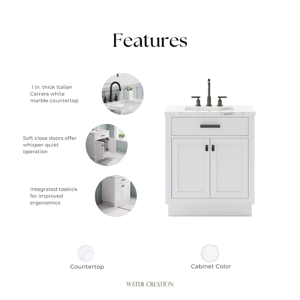 Hartford 30 In. Single Sink Carrara White Marble Countertop Bath Vanity