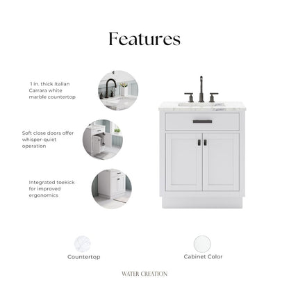 Hartford 30 In. Single Sink Carrara White Marble Countertop Bath Vanity