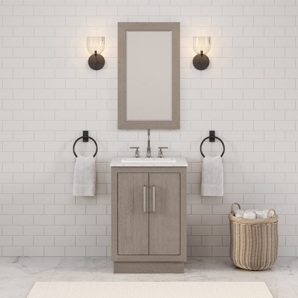 Hugo 24 In. Single Sink Carrara White Marble Countertop Bath Vanity in Grey Oak
