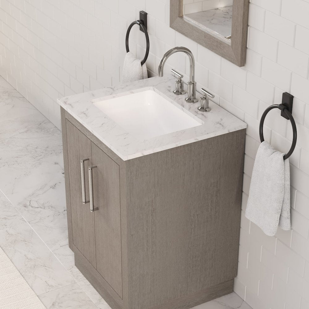 Hugo 24 In. Single Sink Carrara White Marble Countertop Bath Vanity in Grey Oak
