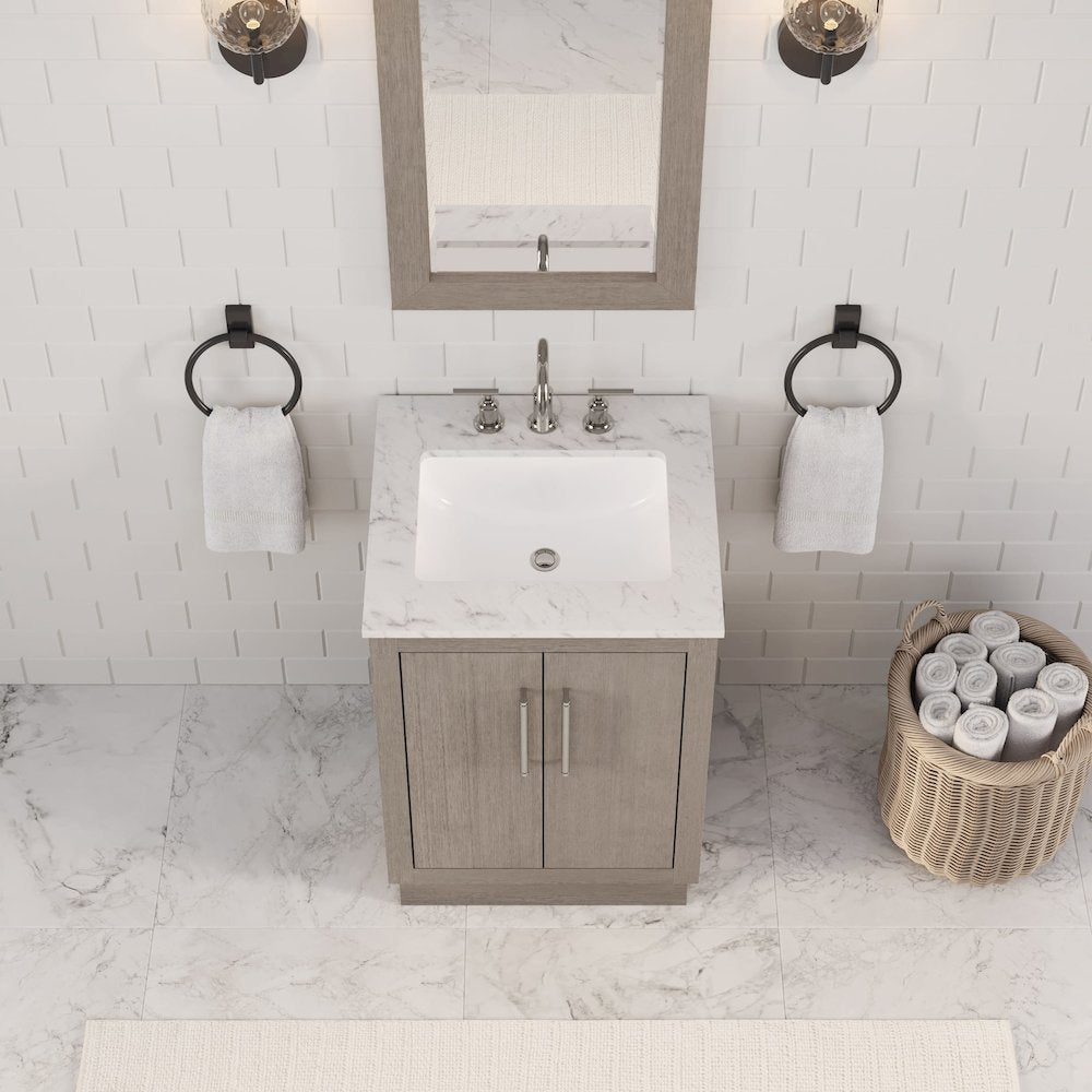 Hugo 24 In. Single Sink Carrara White Marble Countertop Bath Vanity in Grey Oak