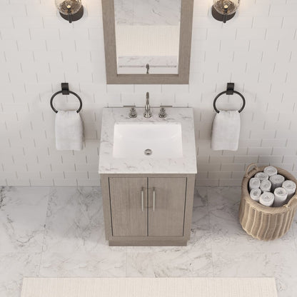 Hugo 24 In. Single Sink Carrara White Marble Countertop Bath Vanity in Grey Oak