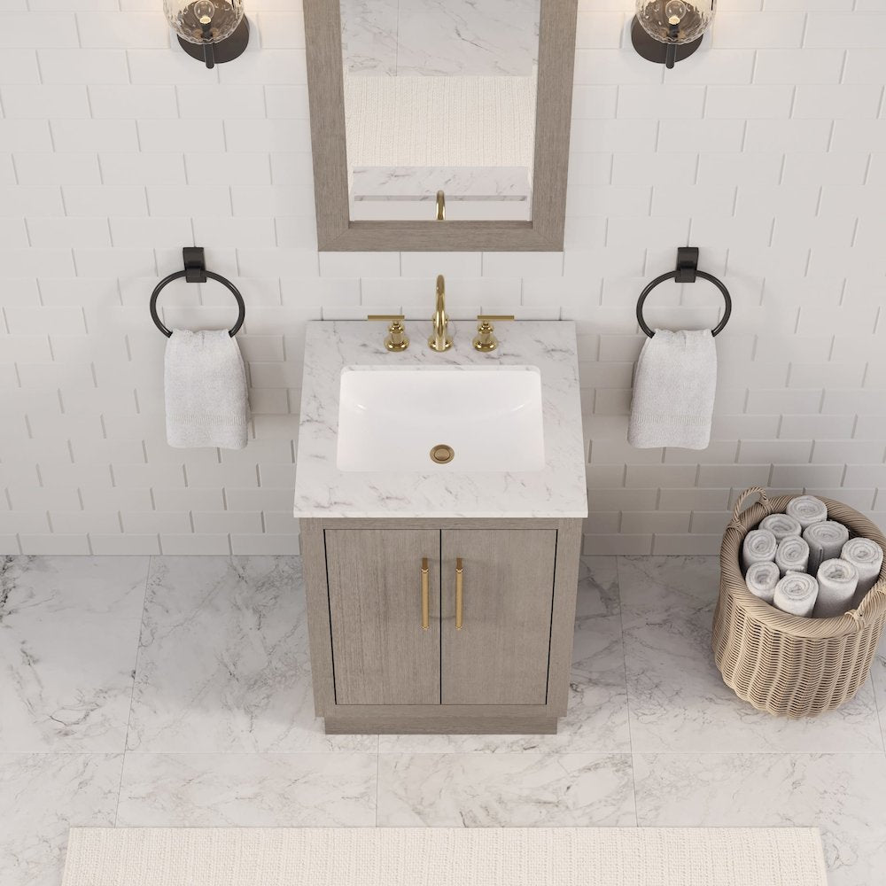 Hugo 24 In. Single Sink Carrara White Marble Countertop Bath Vanity in Grey Oak