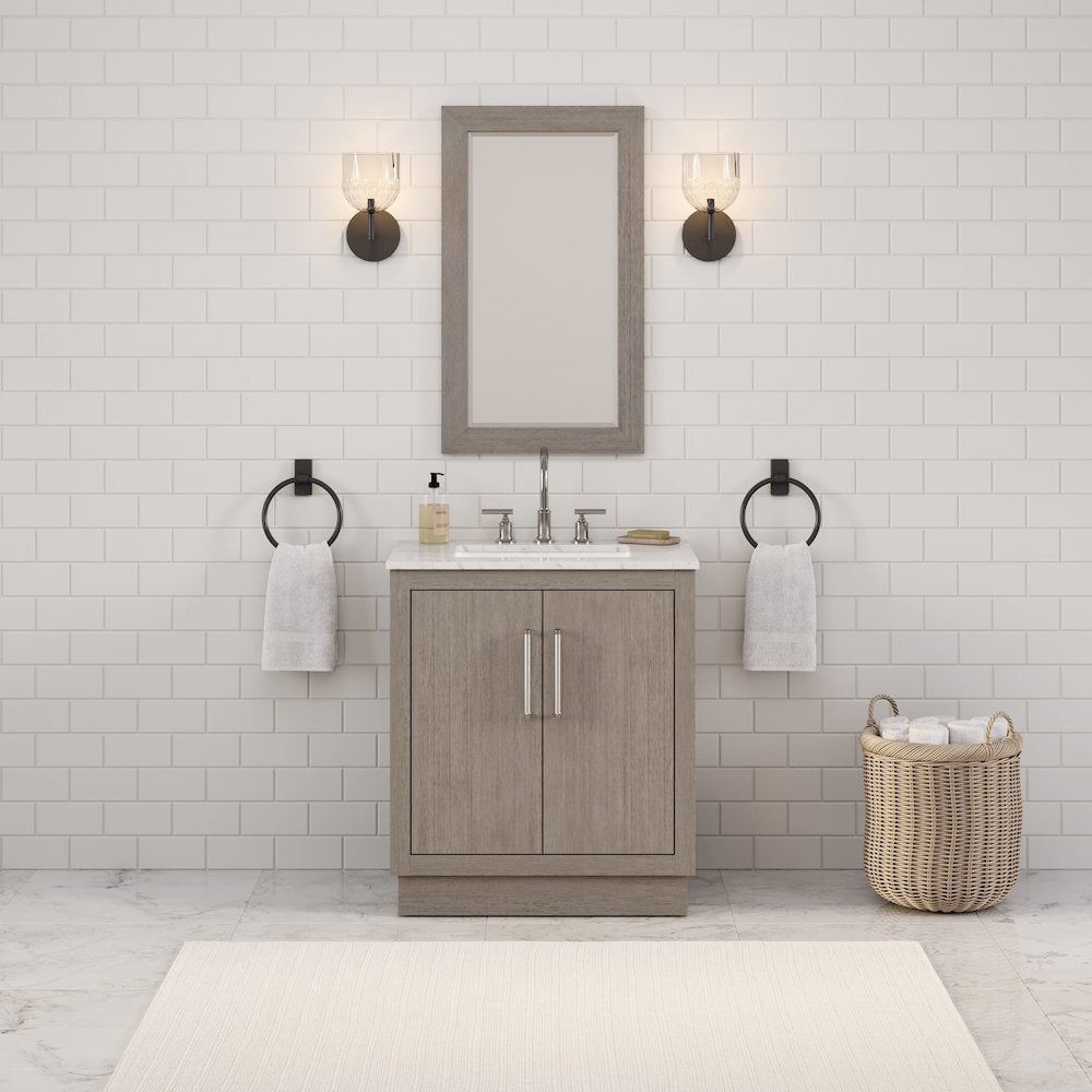 Hugo 30 In. Single Sink Carrara White Marble Countertop Bath Vanity in Grey Oak