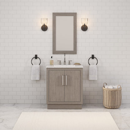 Hugo 30 In. Single Sink Carrara White Marble Countertop Bath Vanity in Grey Oak