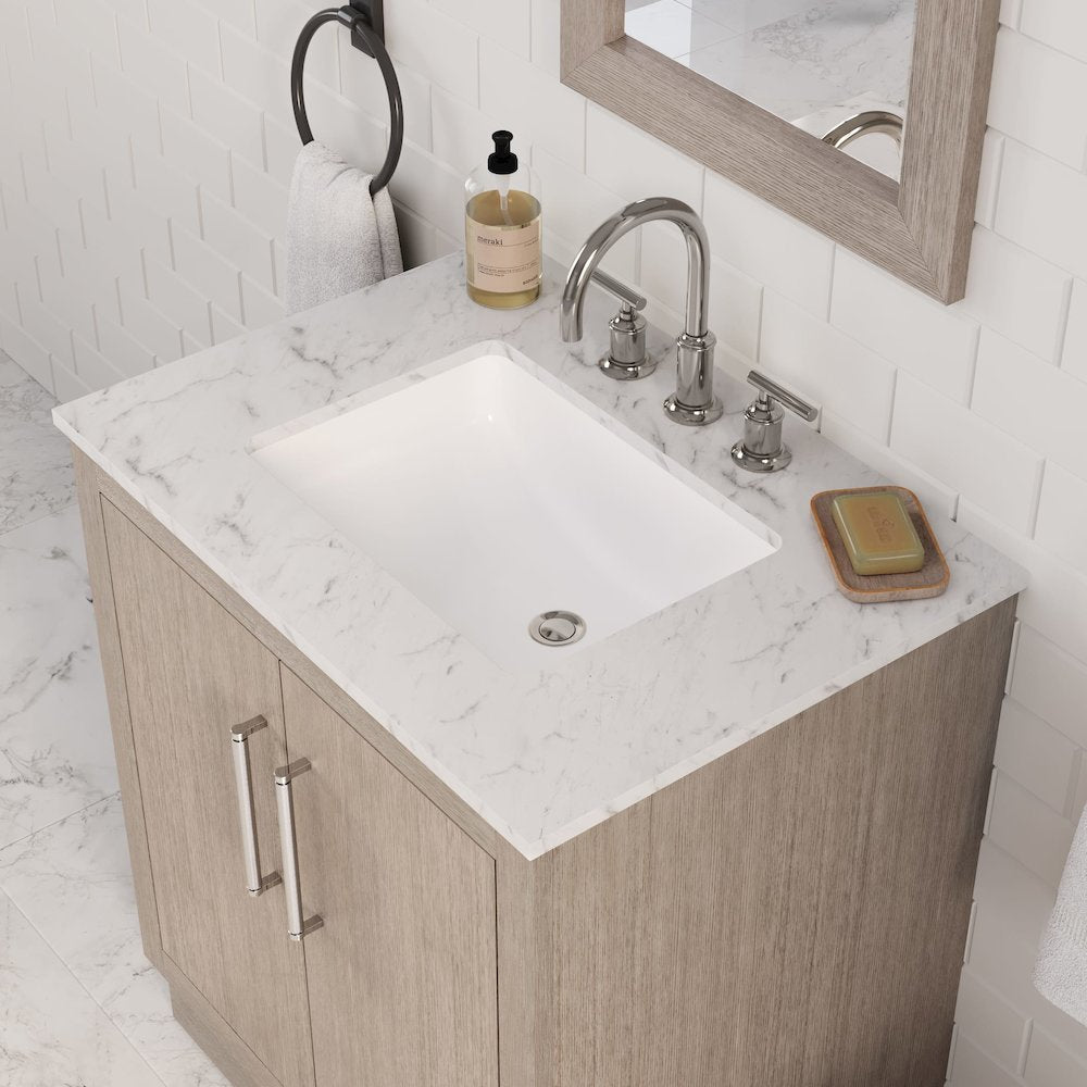 Hugo 30 In. Single Sink Carrara White Marble Countertop Bath Vanity in Grey Oak