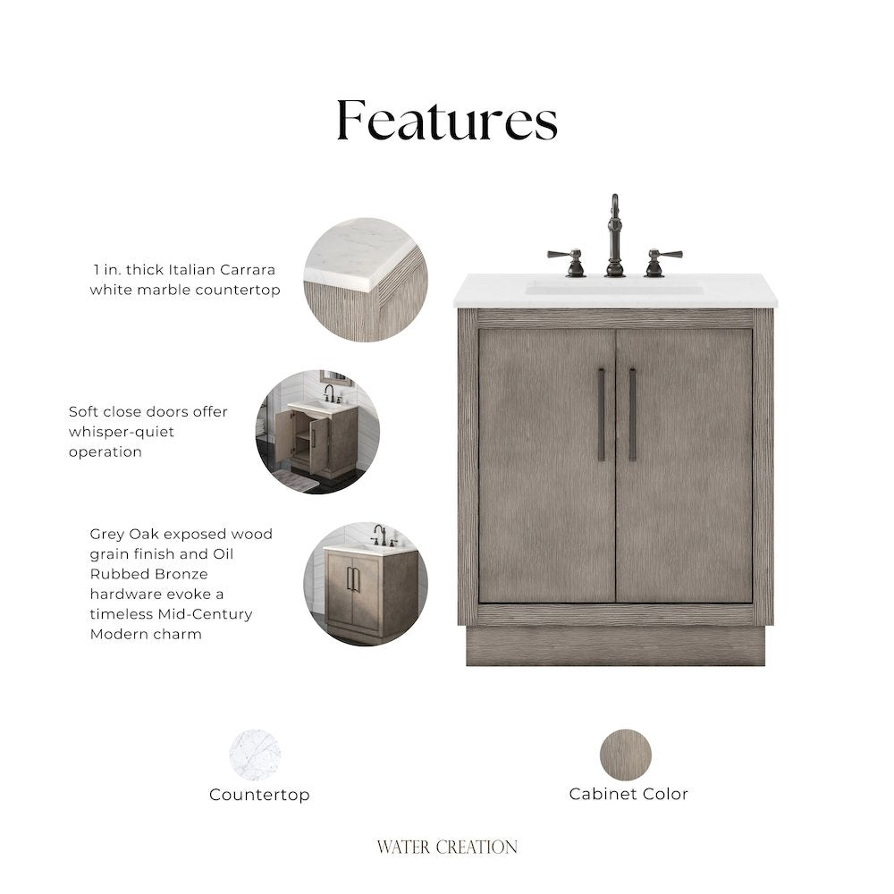 Hugo 30 In. Single Sink Carrara White Marble Countertop Vanity in Grey Oak