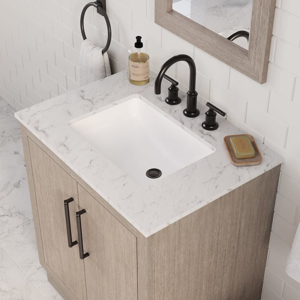 Hugo 30 In. Single Sink Carrara White Marble Countertop Vanity in Grey Oak