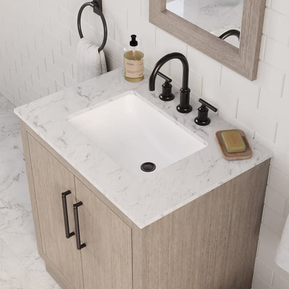 Hugo 30 In. Single Sink Carrara White Marble Countertop Vanity in Grey Oak