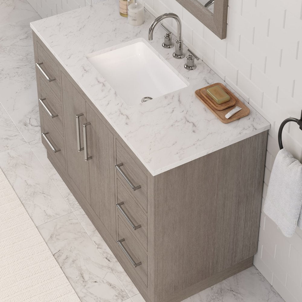 Hugo 48 In. Single Sink Carrara White Marble Countertop Bath Vanity in Grey Oak