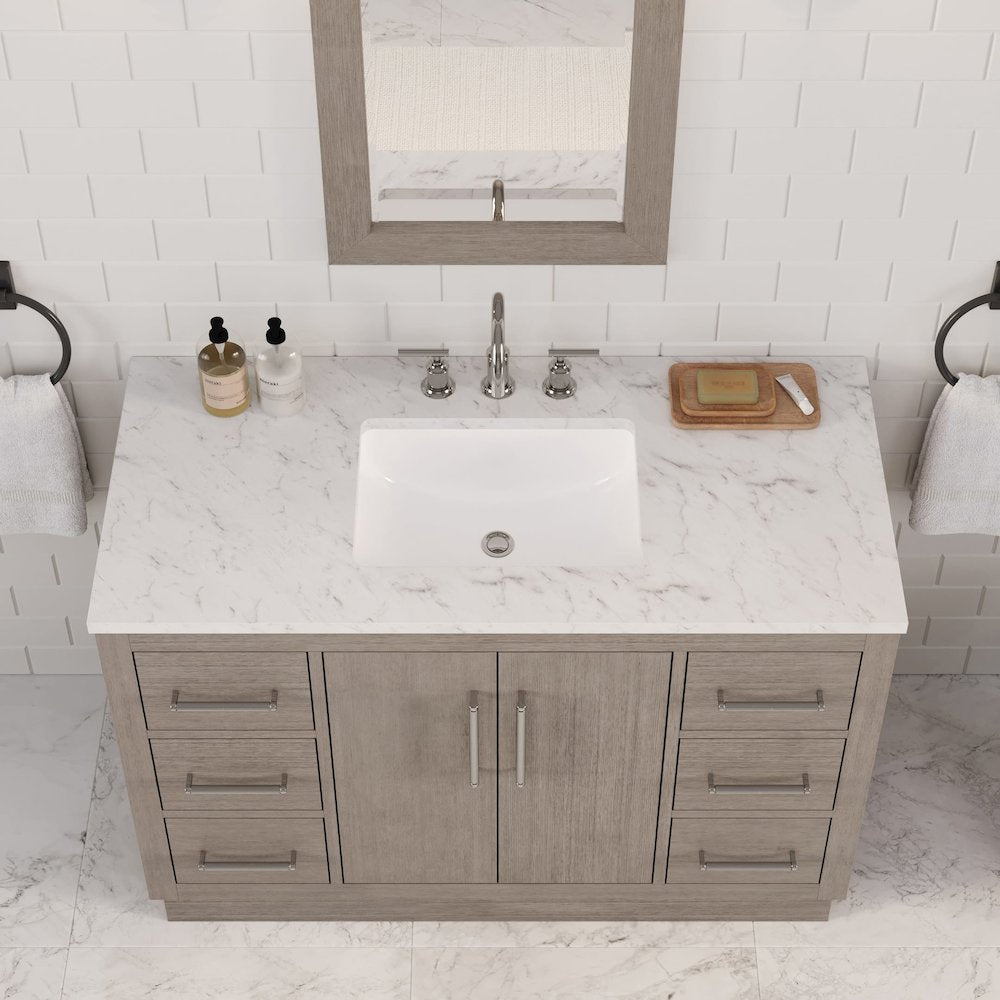 Hugo 48 In. Single Sink Carrara White Marble Countertop Bath Vanity in Grey Oak