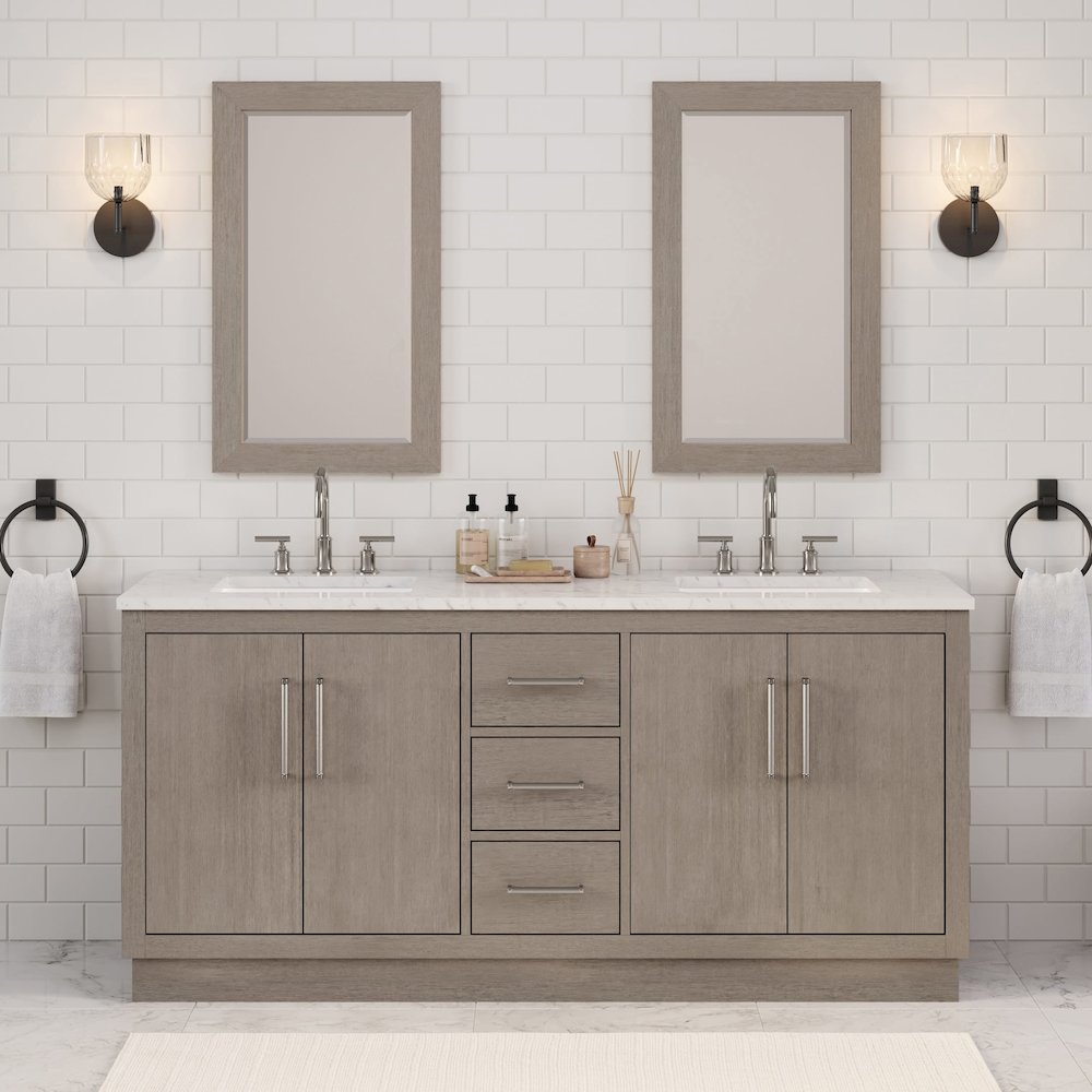 Hugo 72 In. Double Sink Carrara White Marble Countertop Bath Vanity in Grey Oak