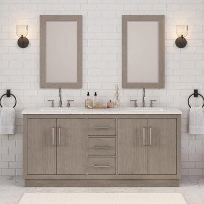 Hugo 72 In. Double Sink Carrara White Marble Countertop Bath Vanity in Grey Oak