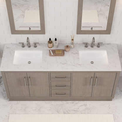 Hugo 72 In. Double Sink Carrara White Marble Countertop Bath Vanity in Grey Oak