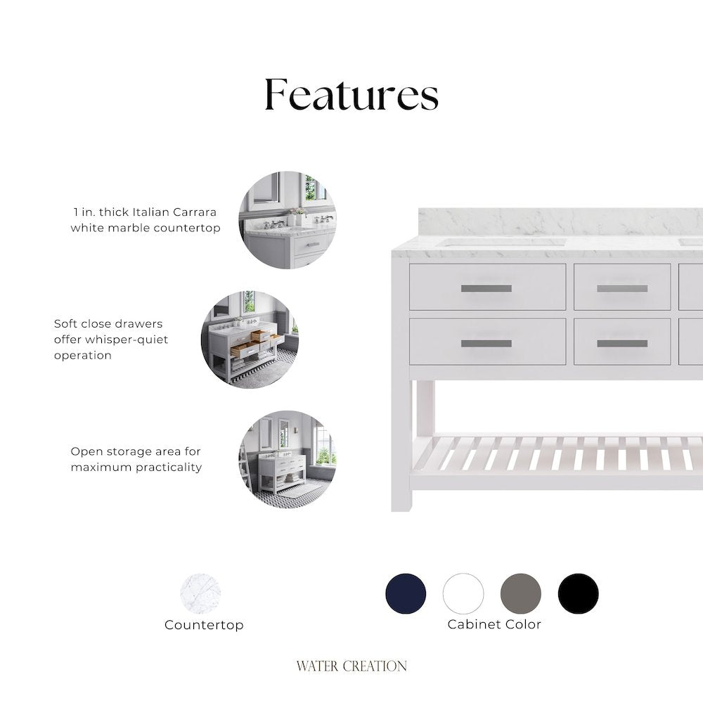 Madalyn 60 In. Double Sink Carrara White Marble Countertop Bath Vanity