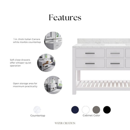 Madalyn 60 In. Double Sink Carrara White Marble Countertop Bath Vanity