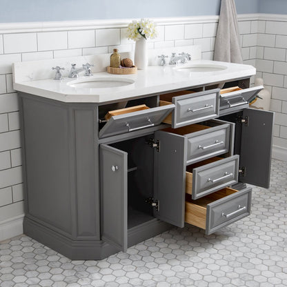 Palace 60 In. Double Sink Carrara Quartz Countertop Bath Vanity in Cashmere Grey
