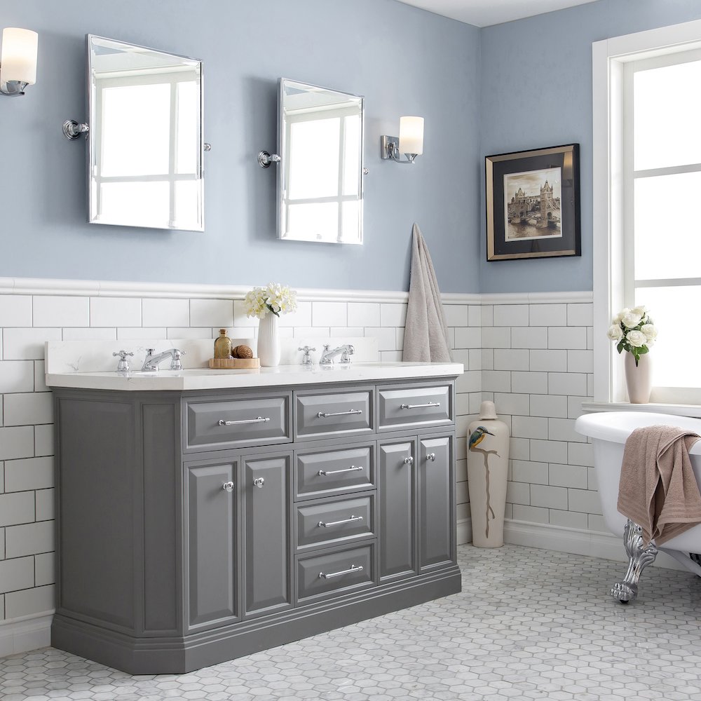 Palace 60 In. Double Sink Carrara Quartz Countertop Bath Vanity in Cashmere Grey