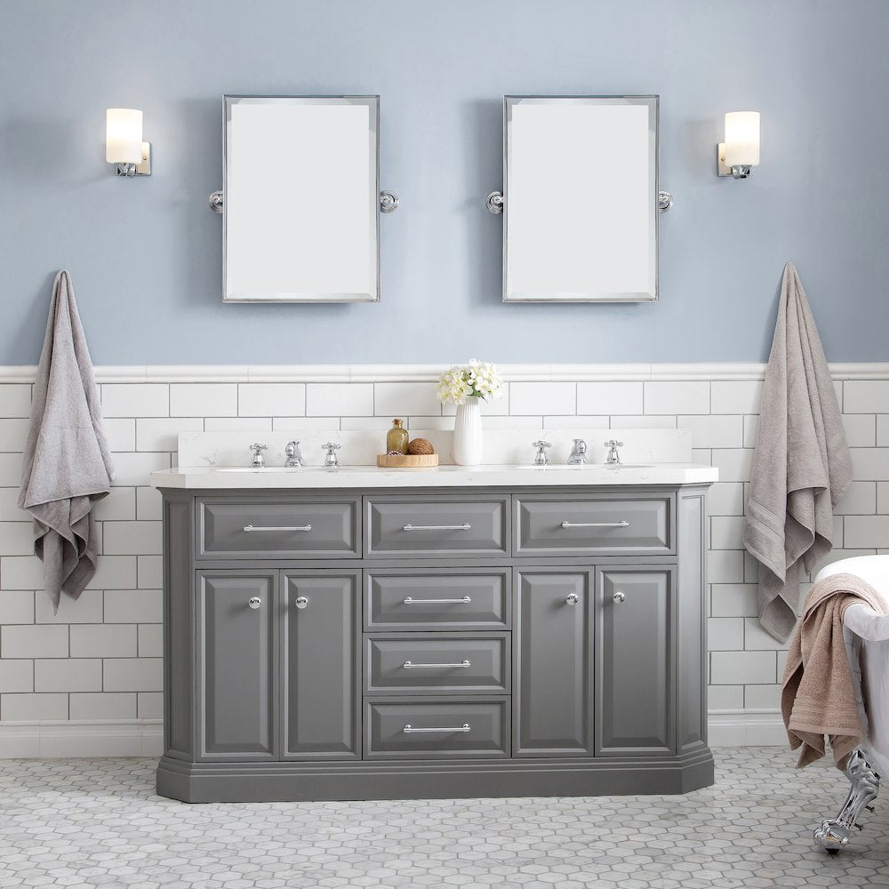 Palace 60 In. Double Sink Carrara Quartz Countertop Bath Vanity in Cashmere Grey