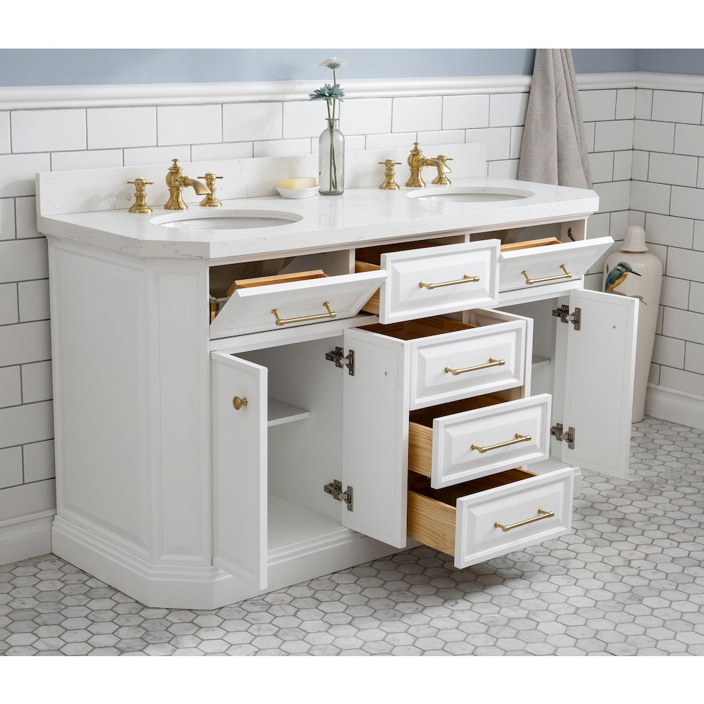Palace 60 In. Double Sink Carrara Quartz Countertop Bath Vanity in Pure White