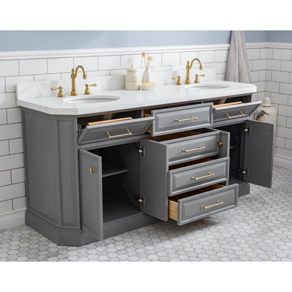 Palace 72 In. Double Sink Carrara Quartz Countertop Bath Vanity in Cashmere Grey