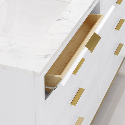 60 In. Double Sink Carrara White Marble Countertop Bath Vanity in Pure White