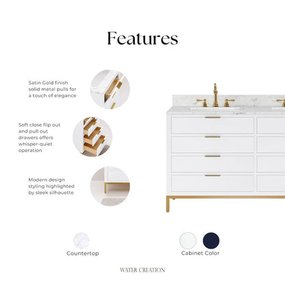 60 In. Double Sink Carrara White Marble Countertop Bath Vanity in Pure White