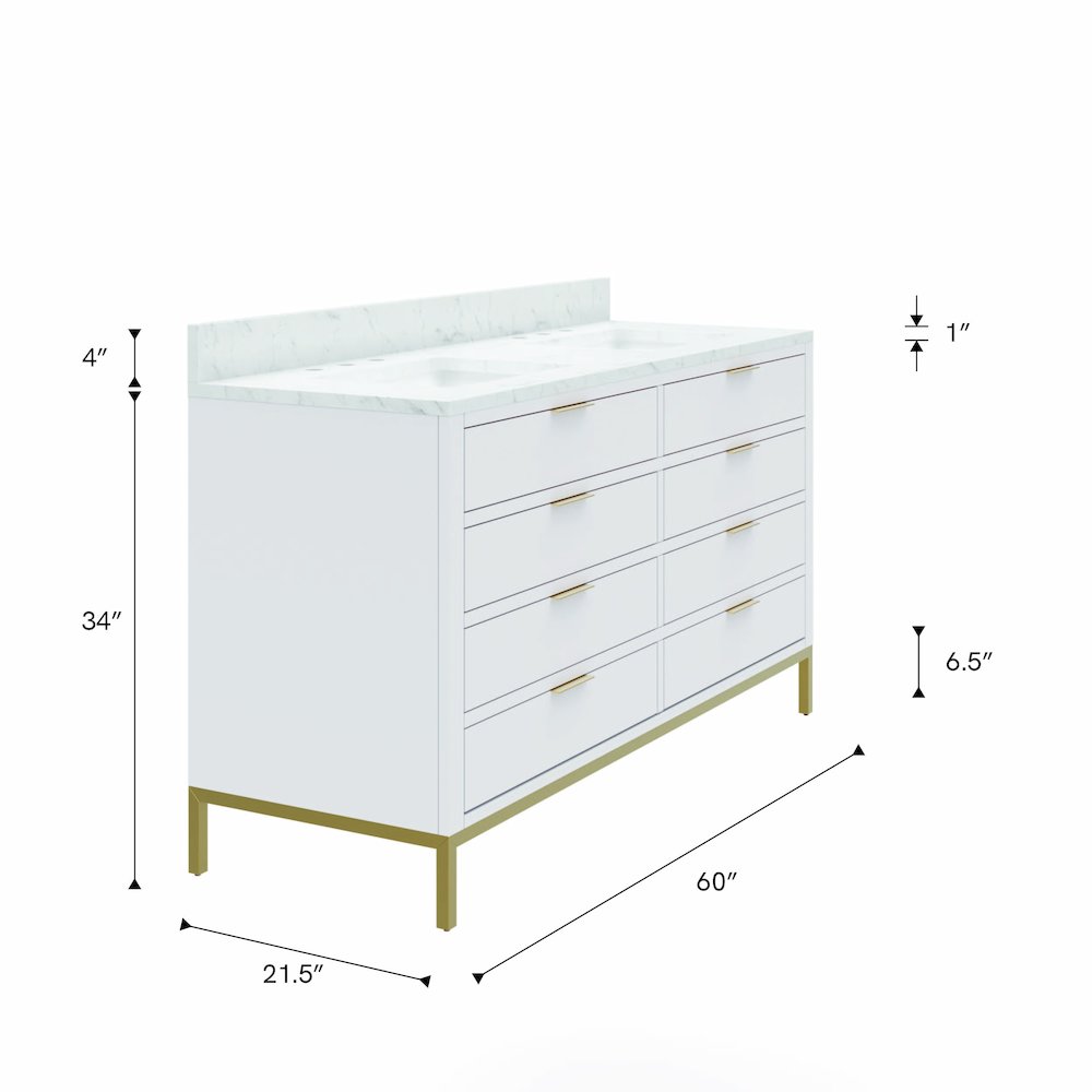 60 In. Double Sink Carrara White Marble Countertop Bath Vanity in Pure White