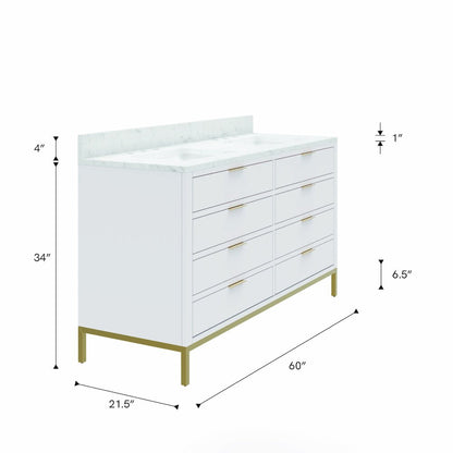 60 In. Double Sink Carrara White Marble Countertop Bath Vanity in Pure White