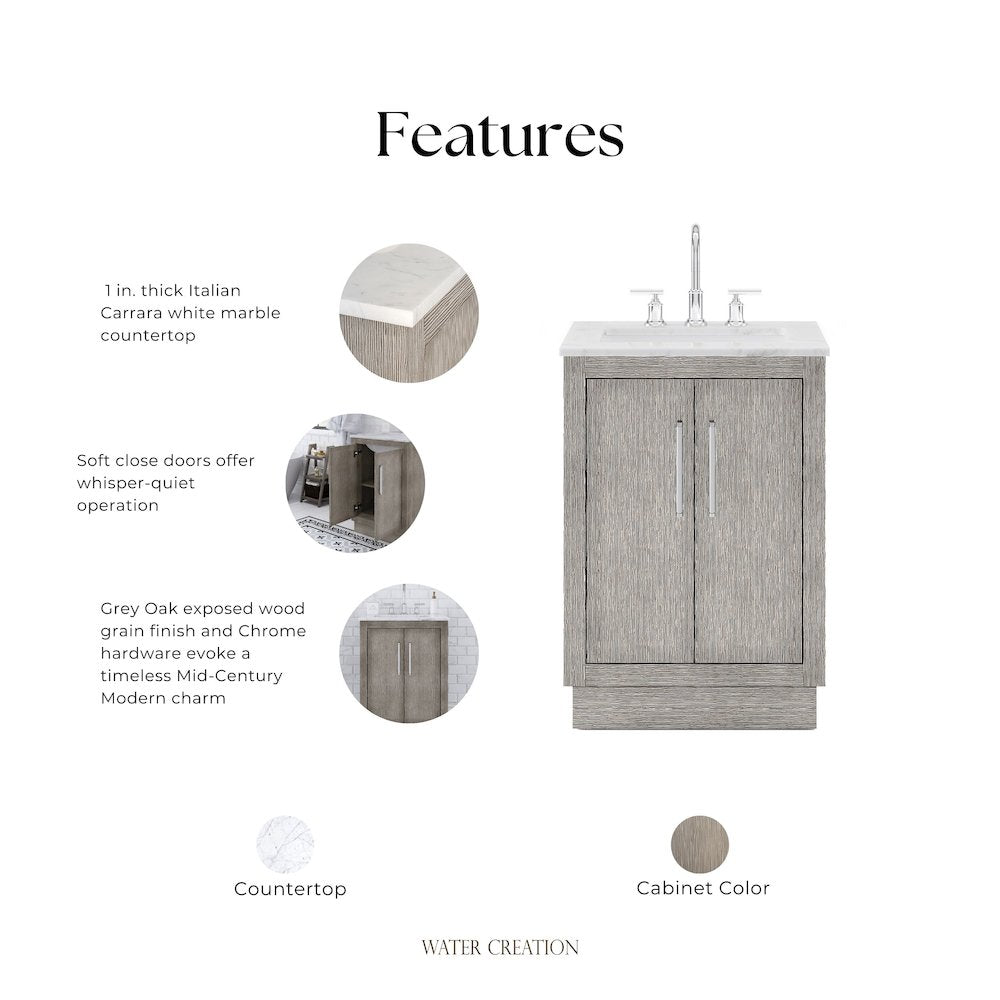 Hugo 24 In. Single Sink Carrara White Marble Countertop Bath Vanity in Grey Oak