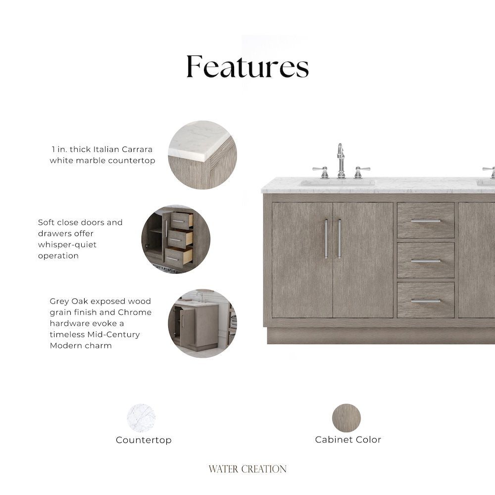 Hugo 72 In. Double Sink Carrara White Marble Countertop Bath Vanity in Grey Oak