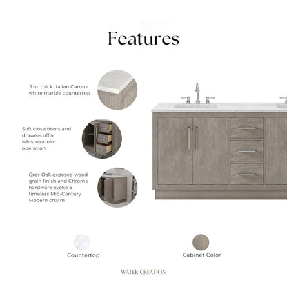 Hugo 72 In. Double Sink Carrara White Marble Countertop Bath Vanity in Grey Oak