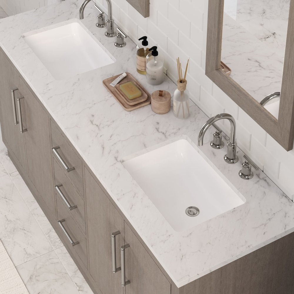 Hugo 72 In. Double Sink Carrara White Marble Countertop Bath Vanity in Grey Oak