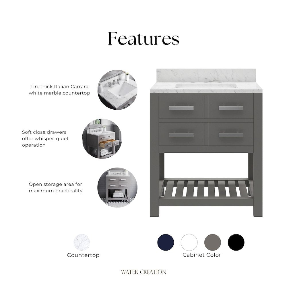 Madalyn 30 In. Single Sink Carrara White Marble Countertop Bath Vanity