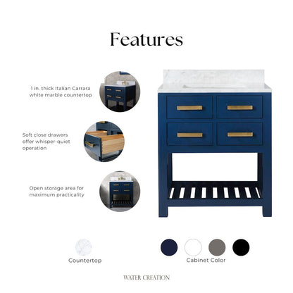 Madalyn 30 In. Single Sink Carrara White Marble Countertop Bath Vanity