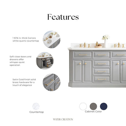 Palace 60 In. Double Sink Carrara Quartz Countertop Bath Vanity in Cashmere Grey