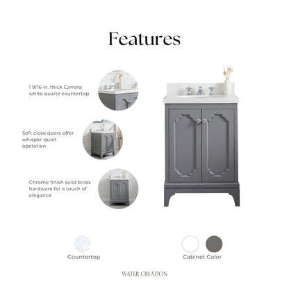 Queen 24 In. Single Sink Sink Carrara Quartz Countertop Bath Vanity