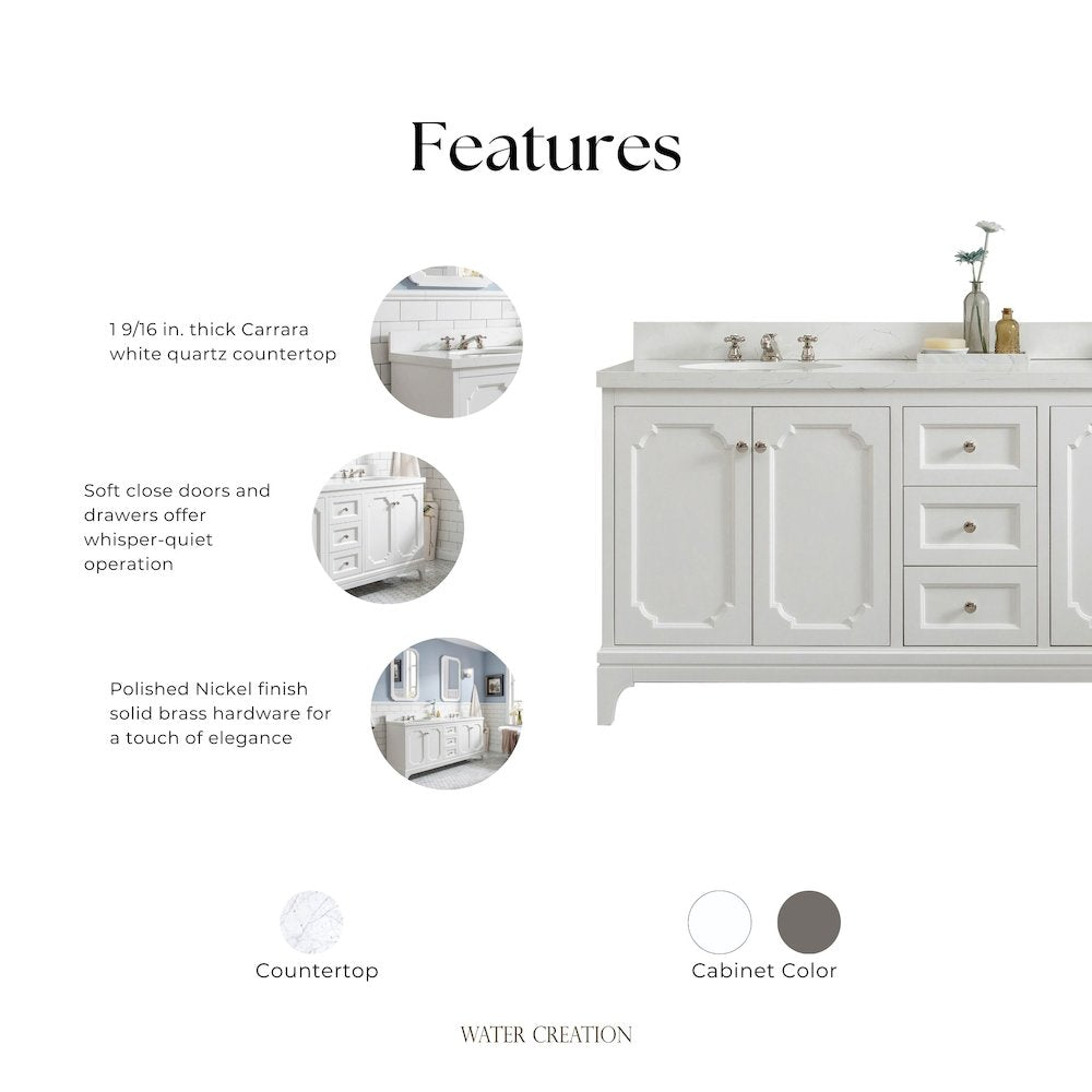 Queen 72 In. Double Sink Sink Carrara Quartz Countertop Bath Vanity