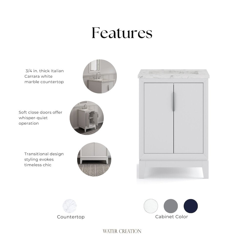 24 In. Single Sink Carrara White Marble Countertop Bath Vanity In Pure White