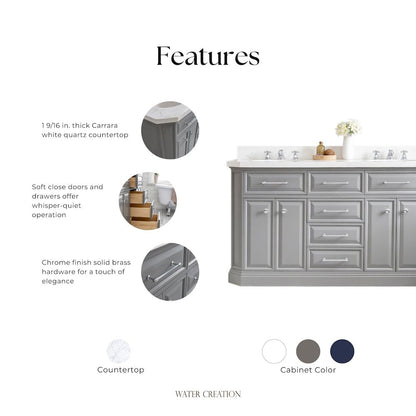 Palace 60 In. Double Sink Carrara Quartz Countertop Bath Vanity in Cashmere Grey