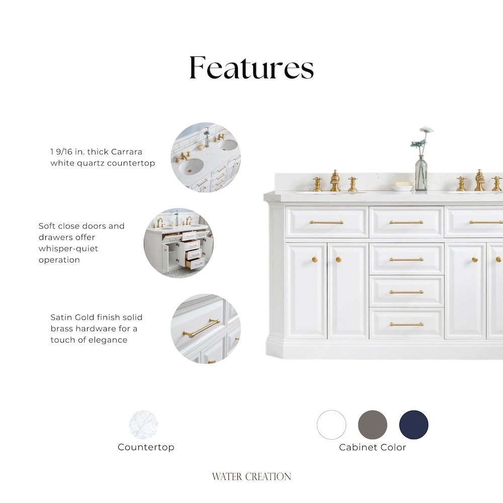 Palace 60 In. Double Sink Carrara Quartz Countertop Bath Vanity in Pure White