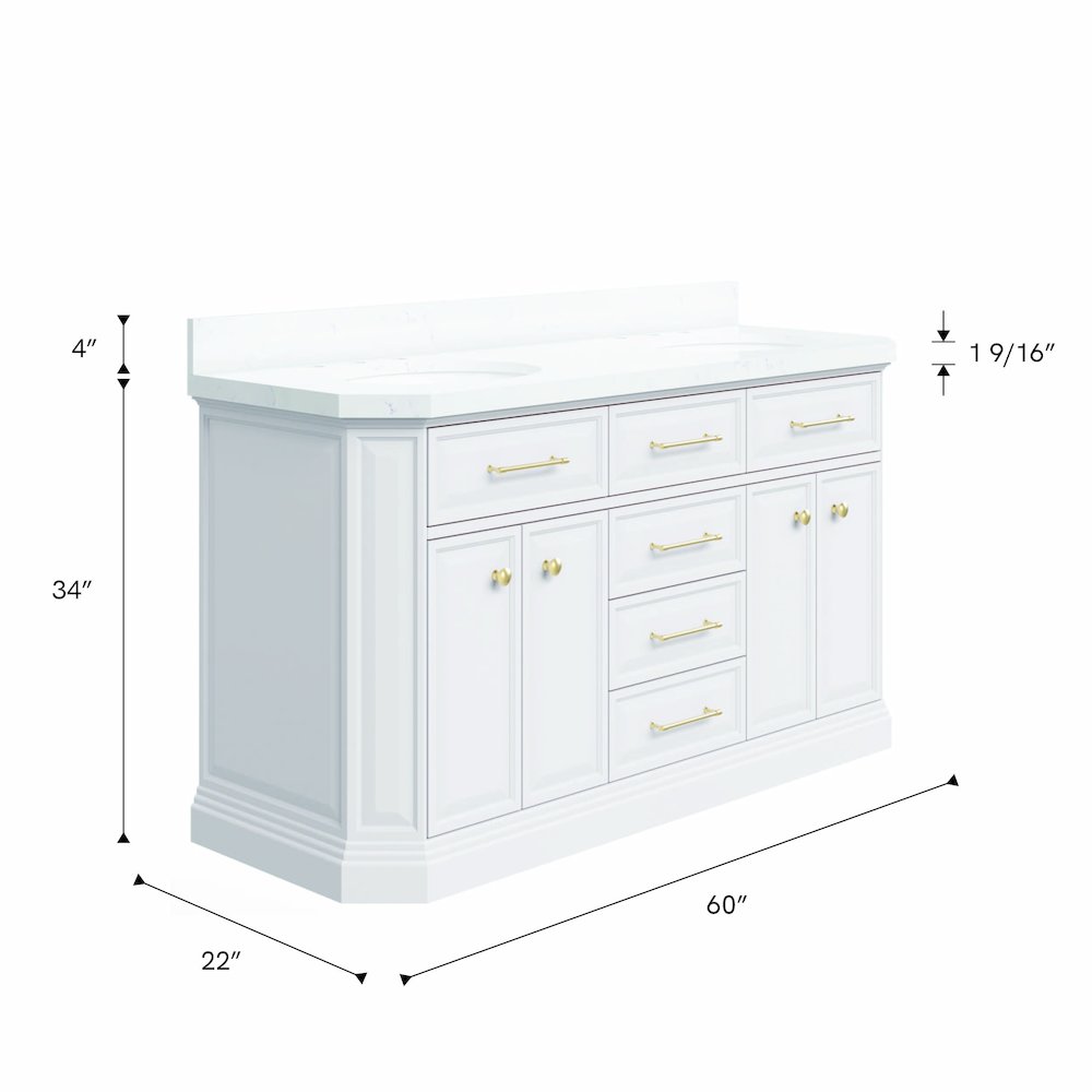 Palace 60 In. Double Sink Carrara Quartz Countertop Bath Vanity in Pure White