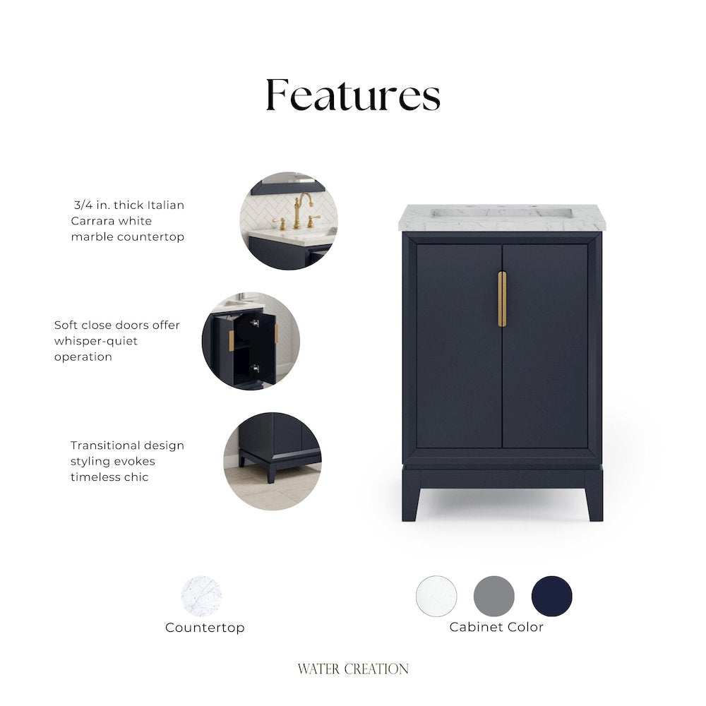 24 In. Single Sink Carrara White Marble Countertop Bath Vanity In Monarch Blue