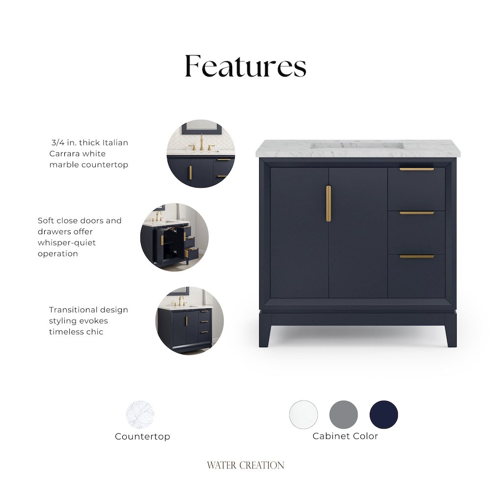 36 In. Single Sink Carrara White Marble Countertop Bath Vanity In Monarch Blue