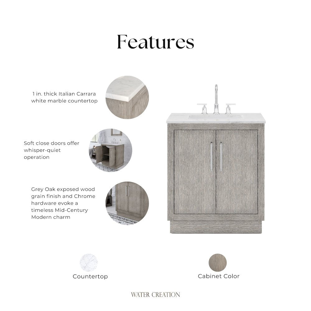 Hugo 30 In. Single Sink Carrara White Marble Countertop Bath Vanity in Grey Oak