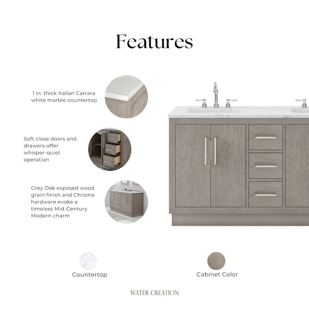 Hugo 60 In. Double Sink Carrara White Marble Countertop Bath Vanity in Grey Oak