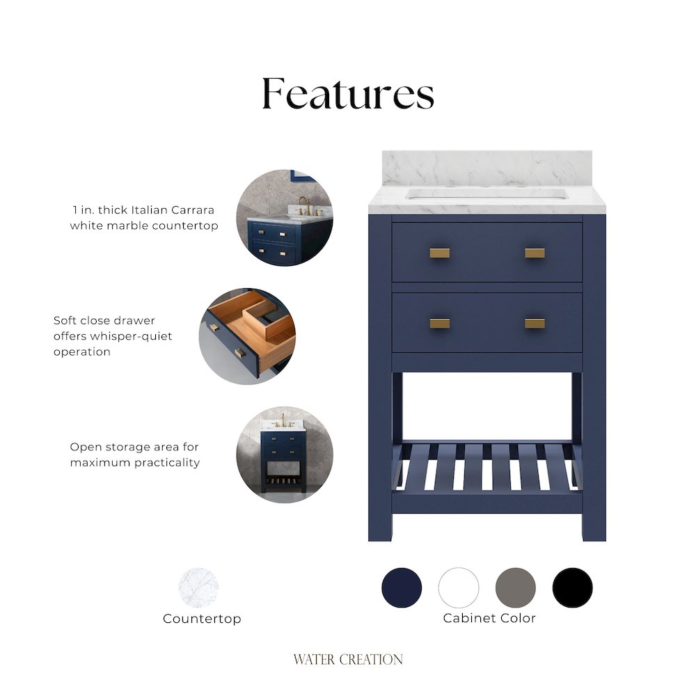 Madalyn 24 In. Single Sink Carrara White Marble Countertop Bath Vanity