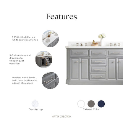 Palace 60 In. Double Sink Carrara Quartz Countertop Bath Vanity in Cashmere Grey