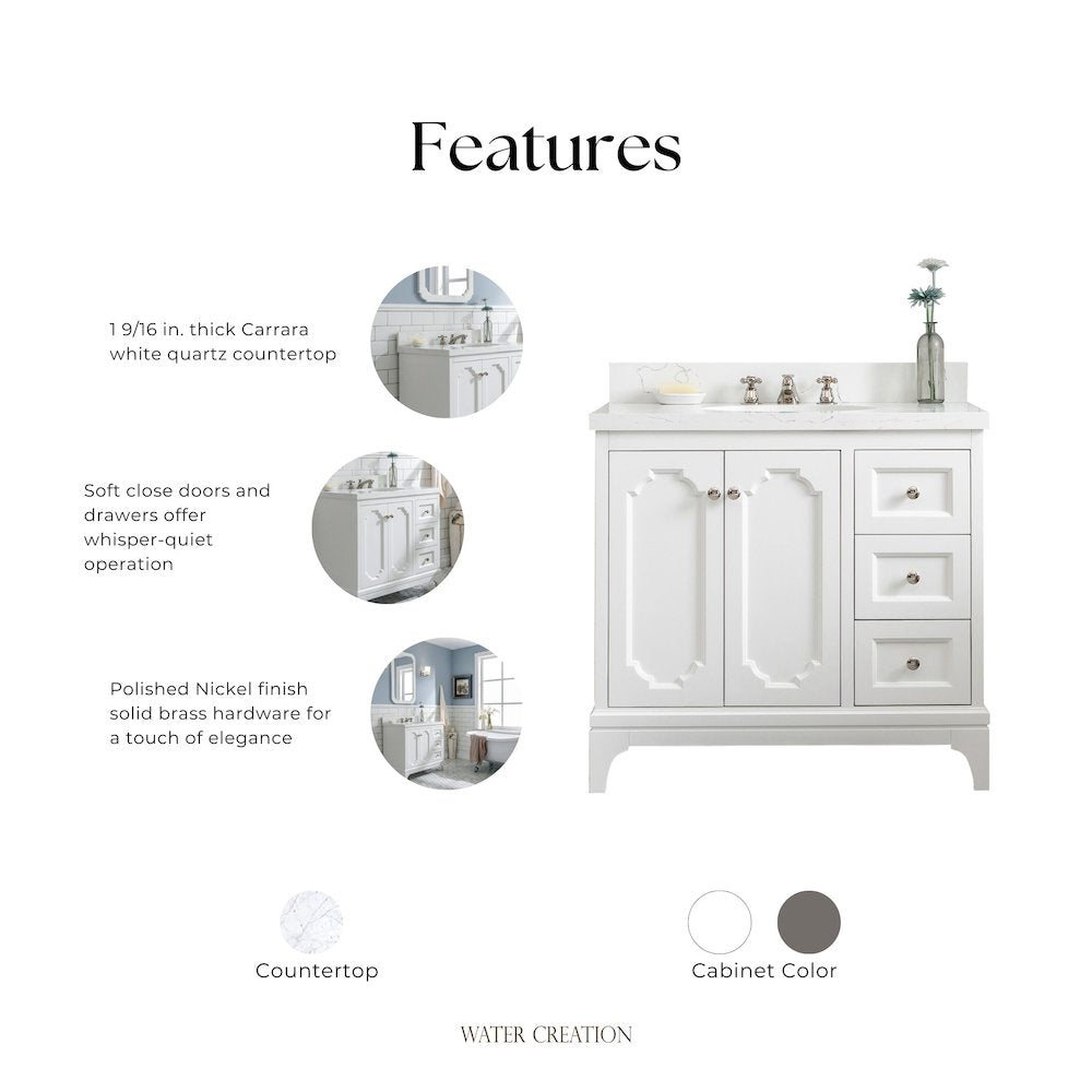 Queen 36 In. Single Sink Sink Carrara Quartz Countertop Bath Vanity
