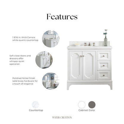 Queen 36 In. Single Sink Sink Carrara Quartz Countertop Bath Vanity